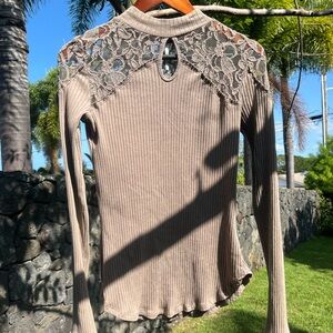 Free People Lace Yoke Ribbed Long-Sleeve Top - Taupe size M Boho